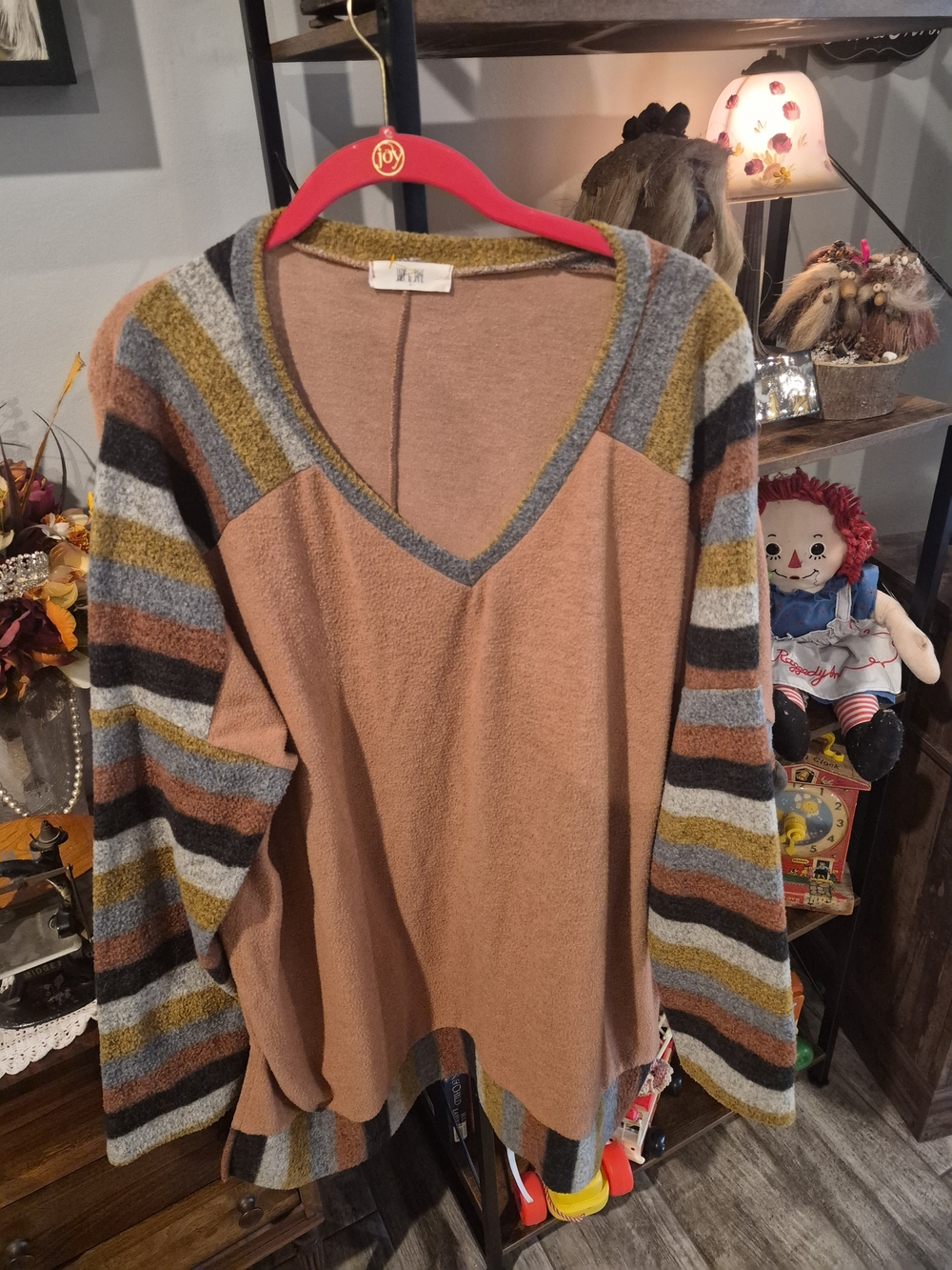 Striped Sleeve V-Neck Sweater in Rust and Multicolor Stripes